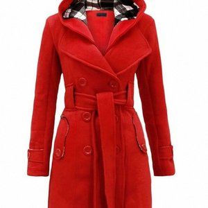 Double Breasted Red Trench Coat Pea Coat Removable Hood Belted Belt Pockets